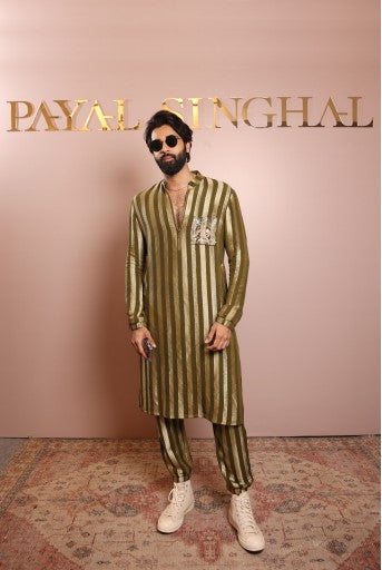 Olive Embroidered Bomber Kurta With Jogger Pant